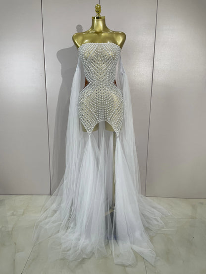 Elegant Sparkly Rhinestone White Pearl Sexy Strapless Mesh Long Dress Wedding Guest Gowns Luxury Birthday Evening Party Dress