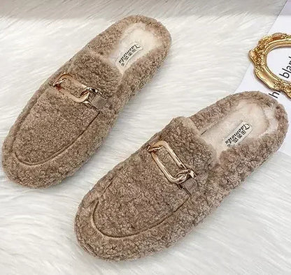 Winter Warm Plush Half Slippers Woman Outdoor Furry Mocasines Warm Slip on Cotton Shoes Woman Flats Cover Toe Curly Fur Slides