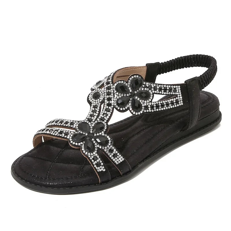 Plus Size 36-46 Shoes for Women Rhinestone Sandals Elastic Band Beach Shoes Fashion Casual Open Toe Sandalias De Mujer