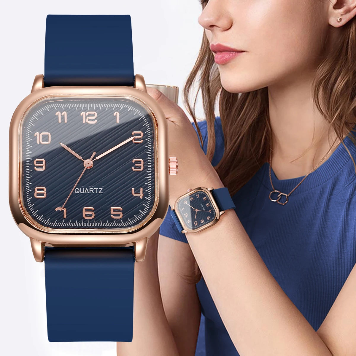 Fashion Square Women Watch Blue Silicone Strap Casual Quartz Wristwatches Ladies Dress Clock Relogio Feminino（Without Box）