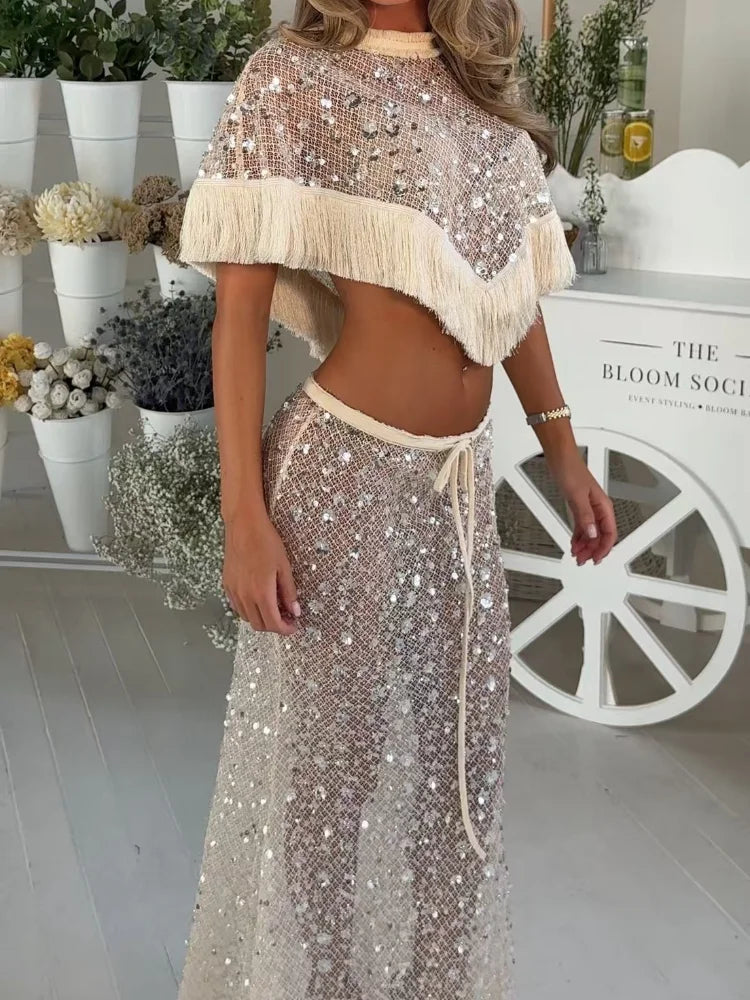 Women Sequin Mesh Tassel Fringe 2 Piece Outfit Short Sleeve Crop Top Drawstring Flare Pants Beach Cover Set Festival Outfit
