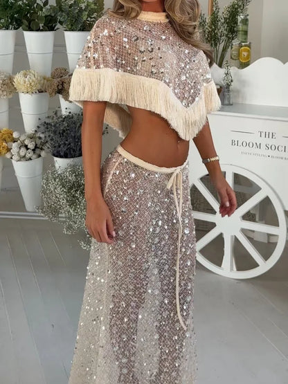 Women Sequin Mesh Tassel Fringe 2 Piece Outfit Short Sleeve Crop Top Drawstring Flare Pants Beach Cover Set Festival Outfit