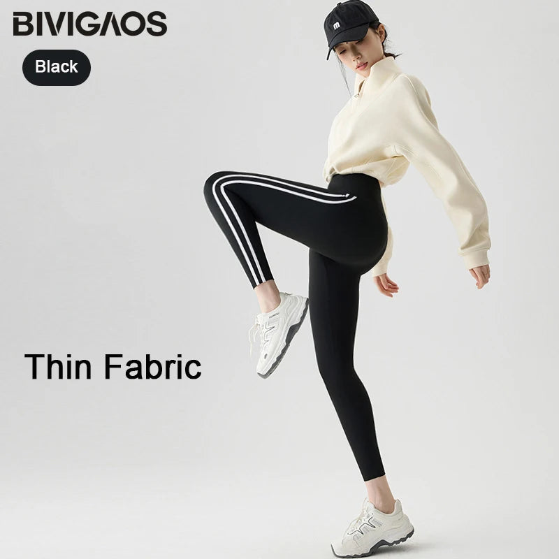 BIVIGAOS New Autumn White Striped Light Fleece Leggings Women Winter Pants High Waist Slim Velvet Thick Sport Warm Leggings