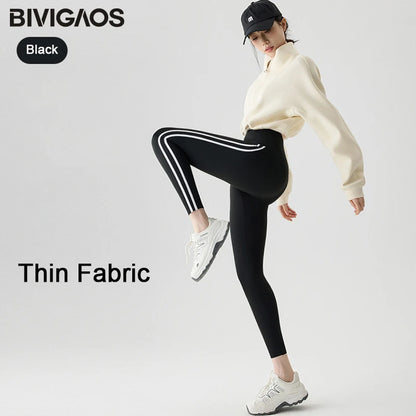 BIVIGAOS New Autumn White Striped Light Fleece Leggings Women Winter Pants High Waist Slim Velvet Thick Sport Warm Leggings