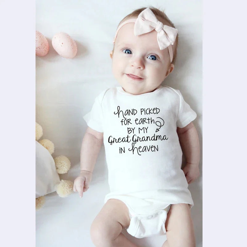 Hand Picked For Earth By My Great Grandma In Heaven Baby Summer Bodysuits Cotton Newborn Jumpsuit Short Sleeve Body Baby Outfits