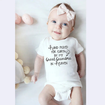 Hand Picked For Earth By My Great Grandma In Heaven Baby Summer Bodysuits Cotton Newborn Jumpsuit Short Sleeve Body Baby Outfits