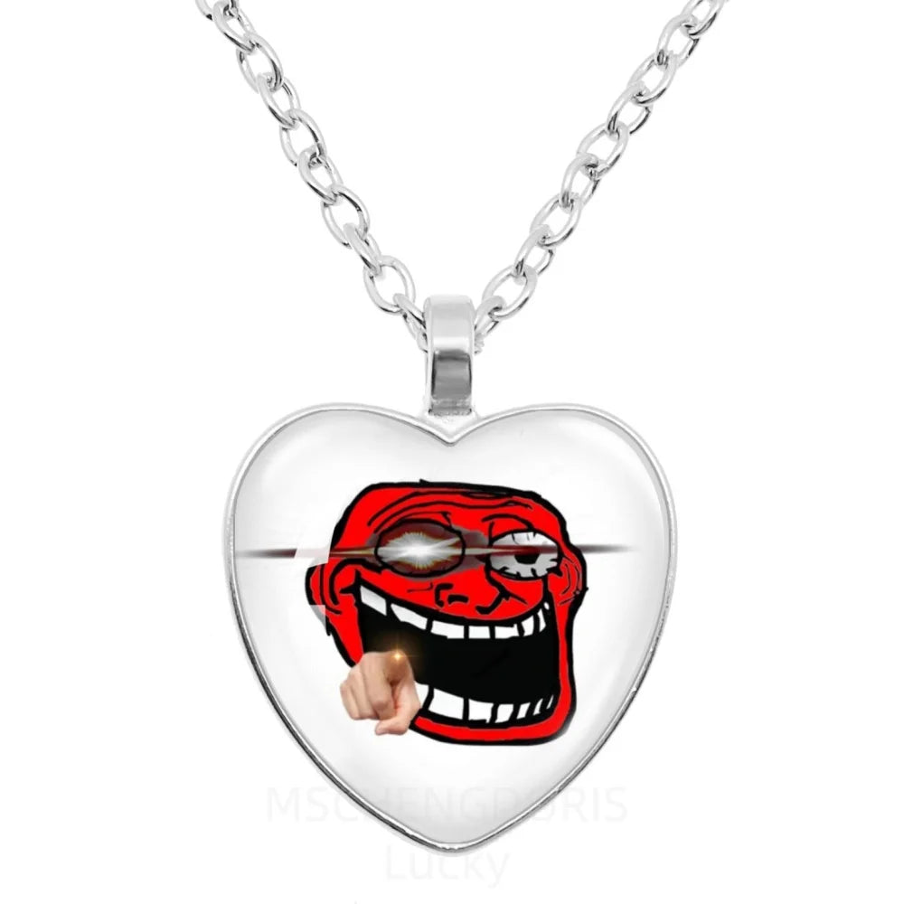 Rage Comic Necklace Derp Face Trollface Funny Meme Cartoon Glass Heart Shape Pendant Chain Necklace Charm Jewelry Collect Gift