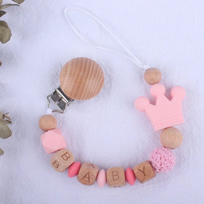 Handmade Beech Wood Baby Pacifier Chain Crown Silicone Beads Infant Appease Soother Clips Anti-Drop Dummy Holder Nipple Clip