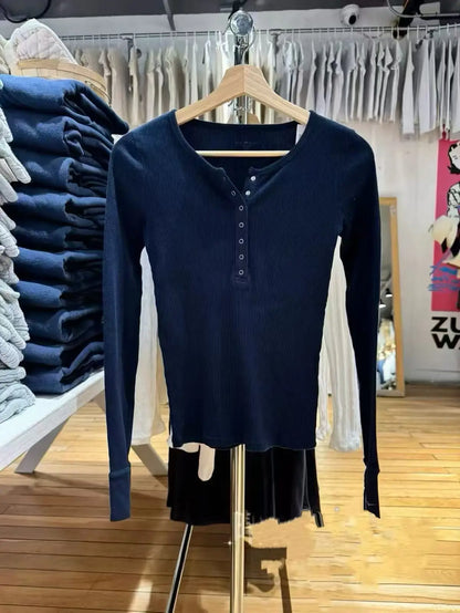 Retro White Ribbed Button T-shirts Women Spring Cotton Round Neck Long Sleeve Tees Female Y2k Streetwear Casual T Shirt Tops