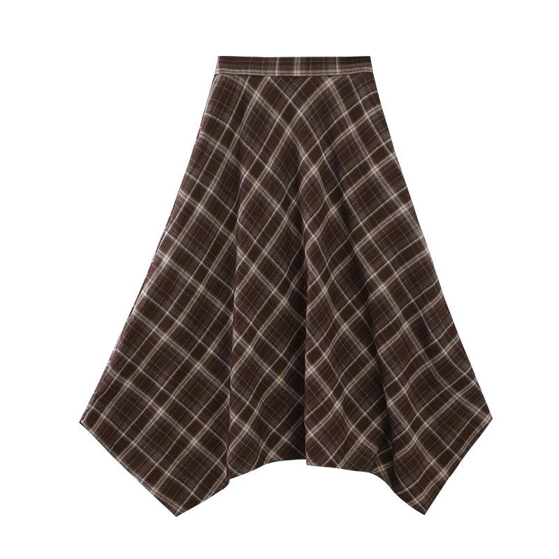 ALXNAN Black Plaid Irregular Skirt Women Elegant Long A-line Checkered Midi Skirts 2025 Fall Winter Female Clothing L57278-1