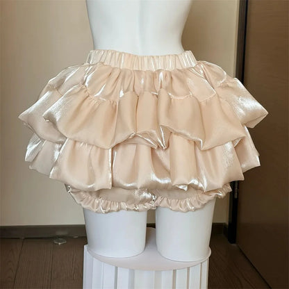 Sweet Satin Casual Elastic Waist New Short Skirt Women Summer Chic White Ruffle Cake Skirts Female Fashion Pretty Princess Skirt