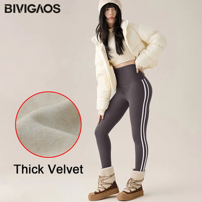 BIVIGAOS New Autumn White Striped Light Fleece Leggings Women Winter Pants High Waist Slim Velvet Thick Sport Warm Leggings