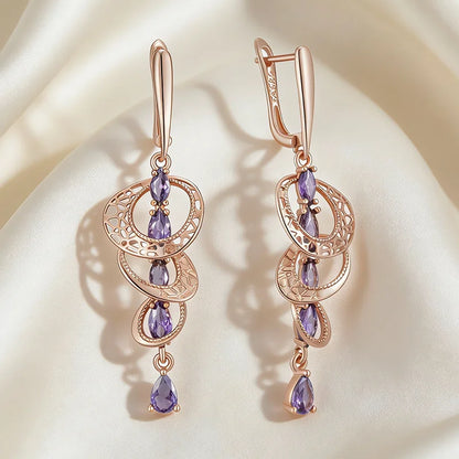 Kinel Hot Shiny Purple Natural Zircon Drop Earrings For Women Trend 585 Rose Gold Color Bride Wedding Fine Jewelry Crystal Gift