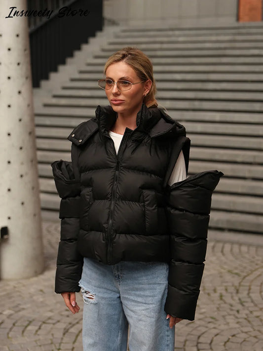  Fashion Detachable Sleeve Hooded Padded Coats Women 2 In 1 Short Quilted Vest Zipper Jacket 2026 Winter New Lady Outerwear ﻿