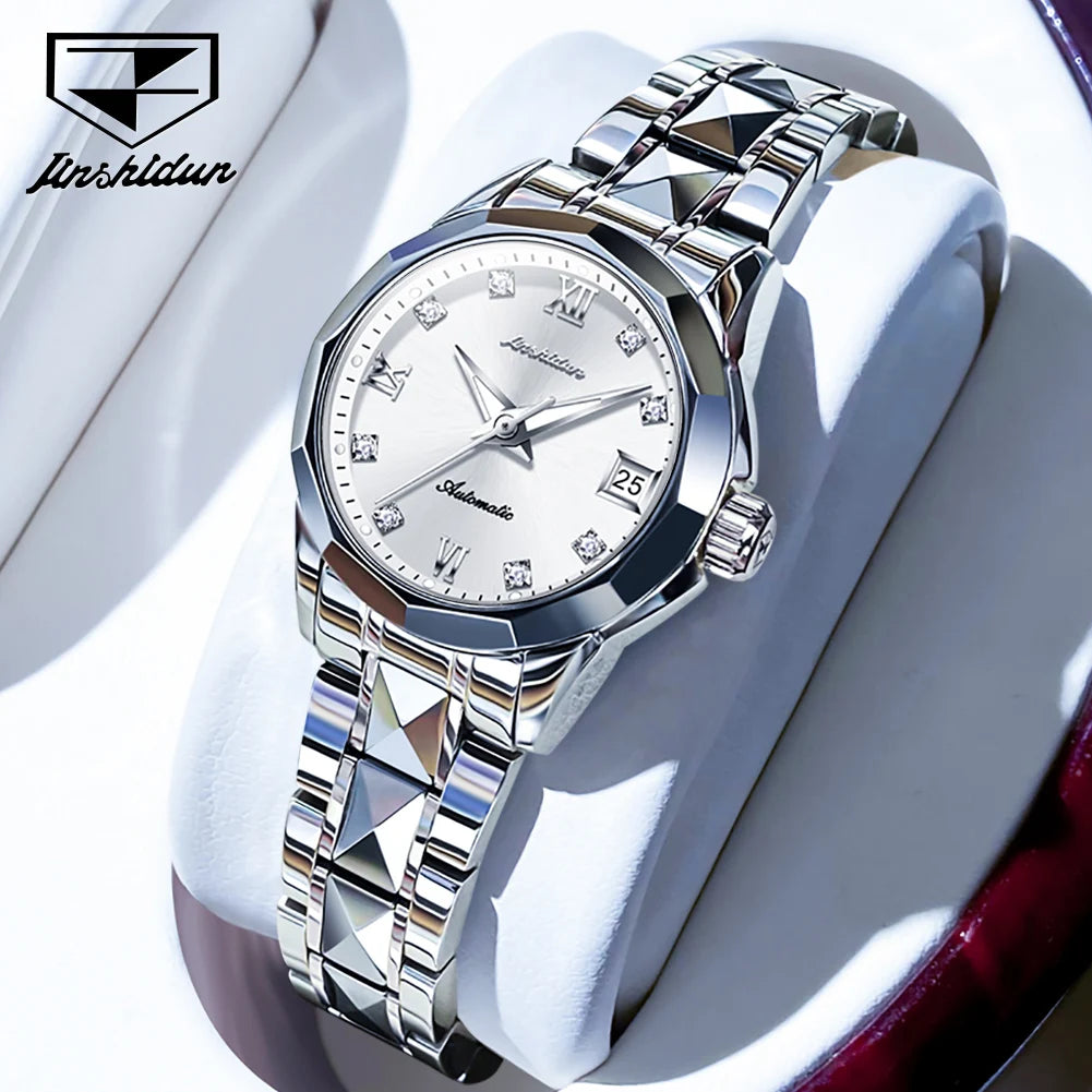 JSDUN Women's Watches Luxury Fashion Tungsten Steel Strap Sapphire Mirror Original Automatic Mechanical Wristwatch for Lady Date