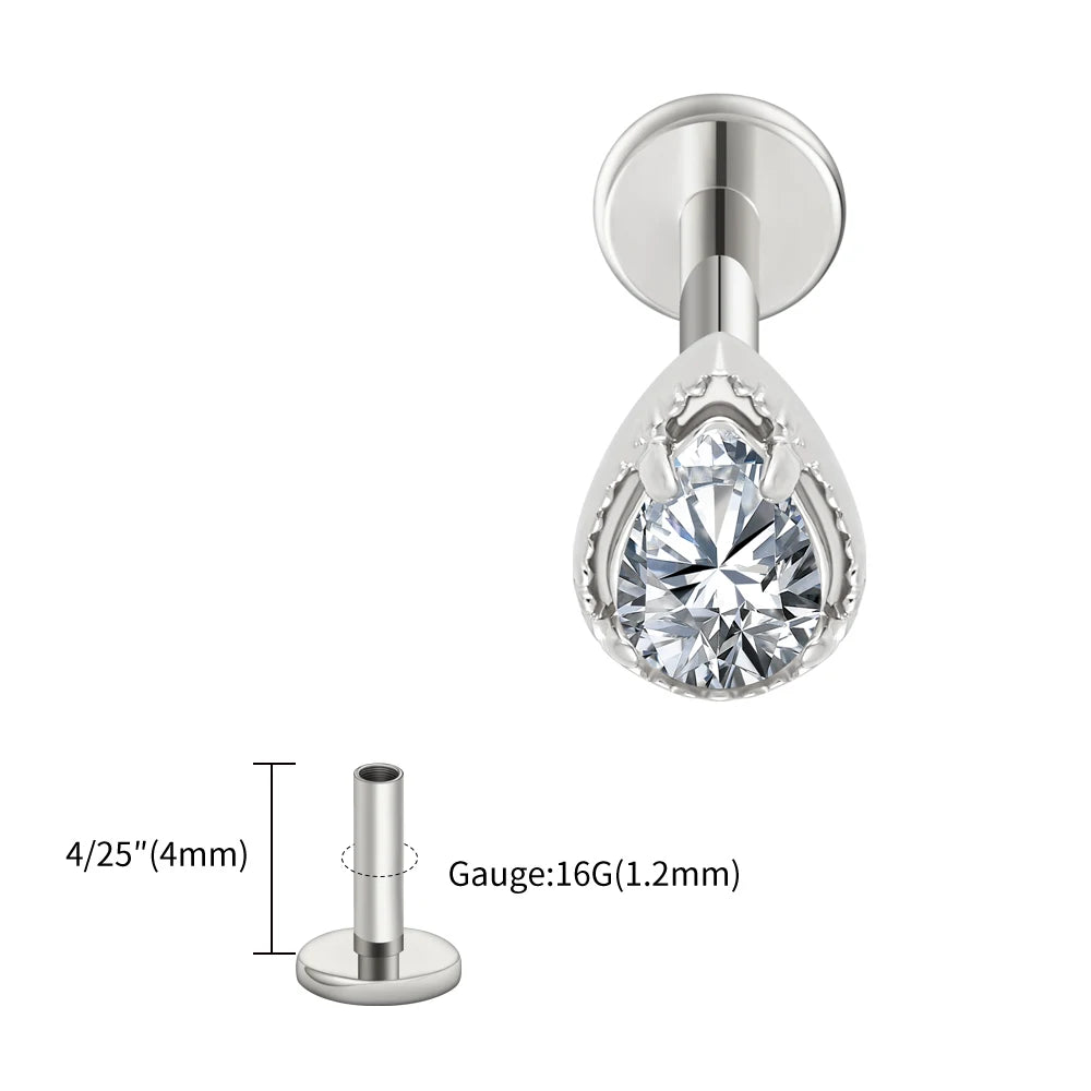 Right Grand ASTM F136 Titanium Teardrop CZ Cartilage Earring Threaded Labret Stud 16G Tiny Pear CZ Helix Conch Earlobe Piercing