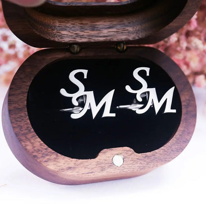 Tangula Custom Initials Cufflinks Stainless Steel Mens Cufflinks with Transparent Wood Box Personalize Wedding Jewelry Gifts