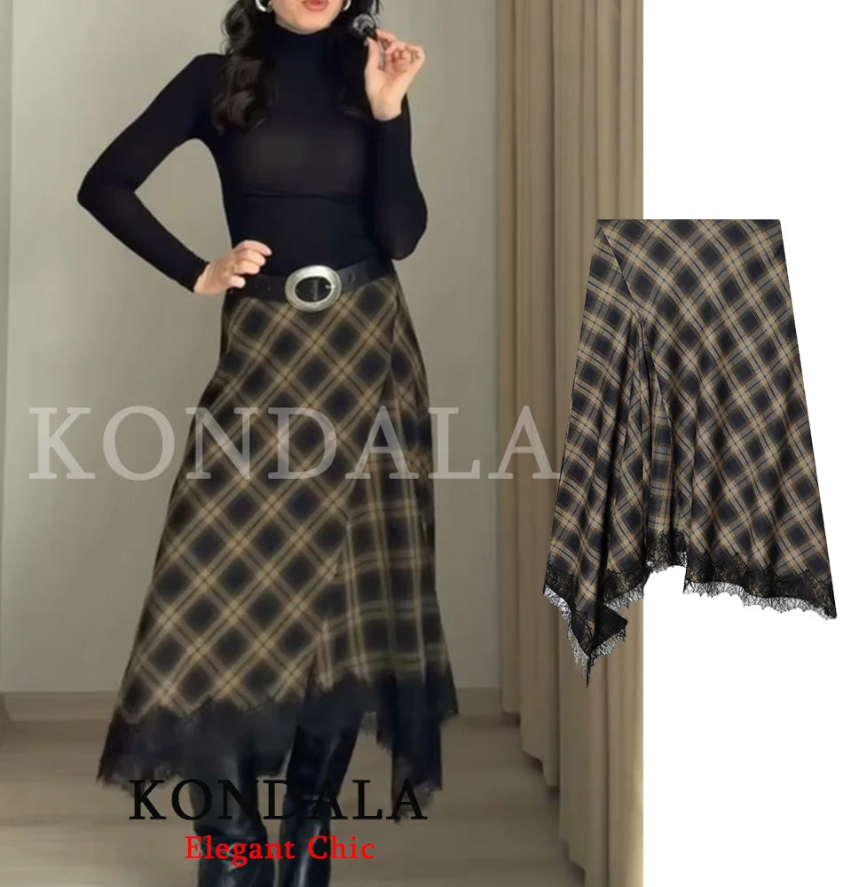 KONDALA Vintage Chic Lady Midi Skirt Plaid Lace Long Skirt Women New 2026 Spring Summer Elegant Commute Dinner Party Lady Skirt