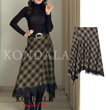 KONDALA Vintage Chic Lady Midi Skirt Plaid Lace Long Skirt Women New 2026 Spring Summer Elegant Commute Dinner Party Lady Skirt