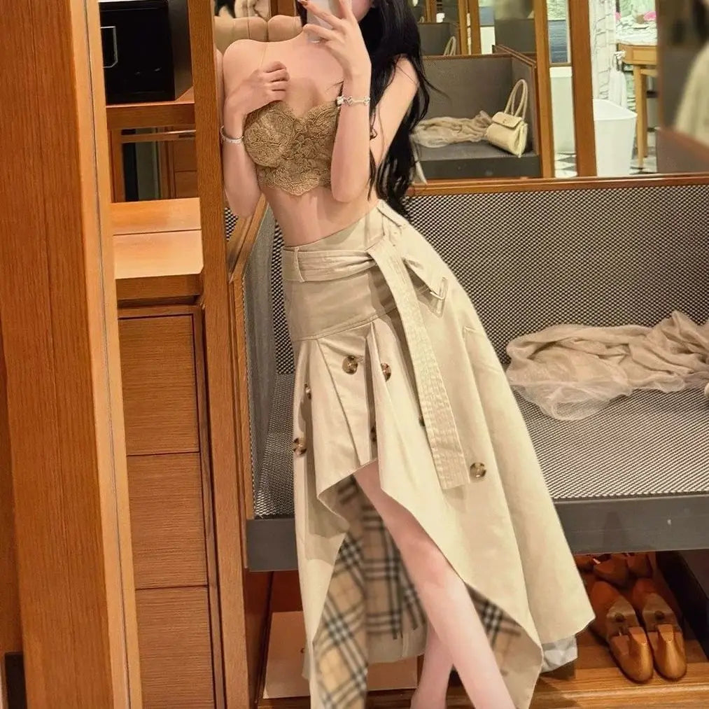 High-end British-style Design High-waisted Asymmetrical Large Size Skirt Plaid A-line Umbrella Skirt