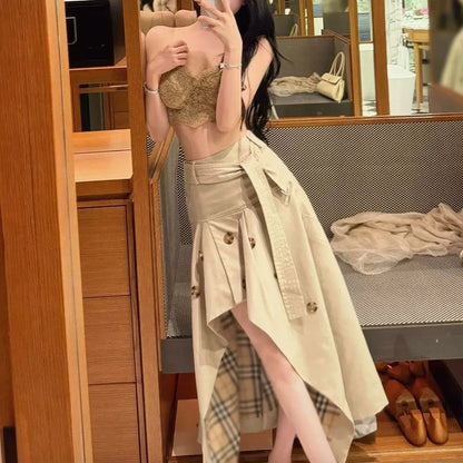 High-end British-style Design High-waisted Asymmetrical Large Size Skirt Plaid A-line Umbrella Skirt
