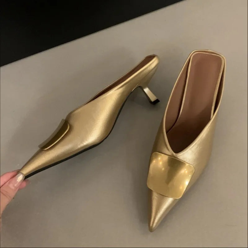 Maogu Luxury Slides Pointed Toe Ladies Shoes Summer Fashion Footwear Thin Mid Heels Shoe Slides Slippers Women 2025 Chain Mules