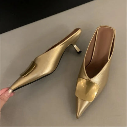 Maogu Luxury Slides Pointed Toe Ladies Shoes Summer Fashion Footwear Thin Mid Heels Shoe Slides Slippers Women 2025 Chain Mules