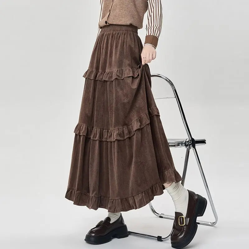 Qiukichonson Mid Long Skirts Womens Velvet Skirt 2023 Autumn Winter Korean Vintage Elastic Waist High Low Ruffle Pleated Skirts