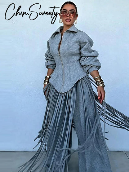 Fashion Tassels Hem Women's Coat Trouser Suit Long Sleeve Waist-Closed Turn-Down Collar Wide Leg Pant 2026 Autumn Chic Lady Set