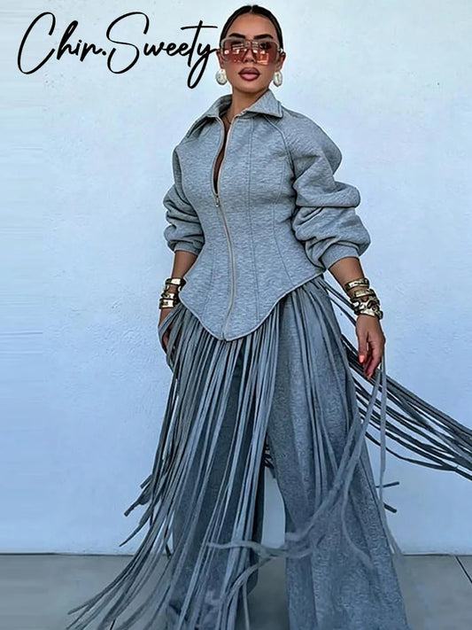 Fashion Tassels Hem Women's Coat Trouser Suit Long Sleeve Waist-Closed Turn-Down Collar Wide Leg Pant 2026 Autumn Chic Lady Set
