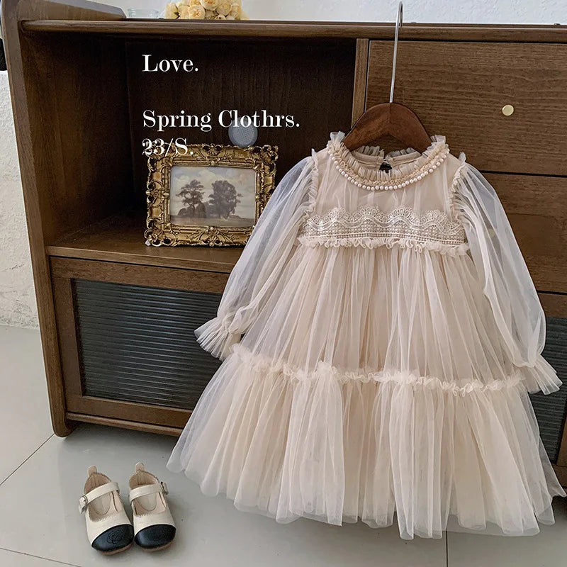 Girl Princess Dress Round Collar Long Sleeves Baby Party Dress with Pearl Mesh Suitable for Children E99011