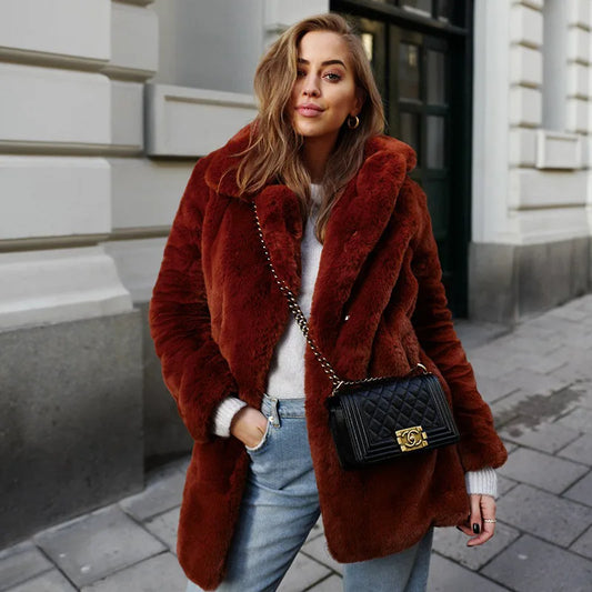 Women Winter Warm Fur Coat Fashion Turn Down Collar Flurry Fur Long Jacket New In Casual Outerwear Solid Color Lady Fur Jacket