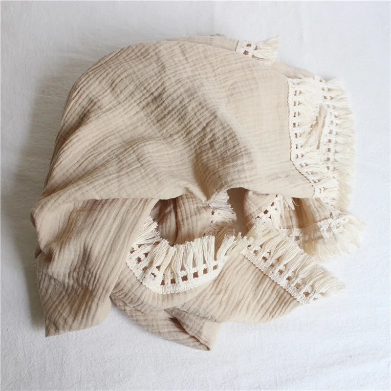 Summer Air Conditioning Blanket, Baby Stroller Cover, Double-Layer Crinkle Gauze, Infant Fringe Blanket, Pure Cotton Muslin, Chi