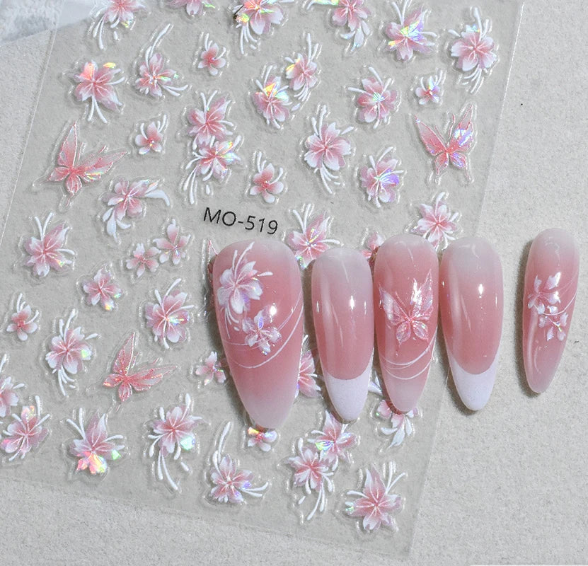 5D Embossed Nail Art Decals Elegant Petals Florals Daisy Flowers Leaves Adhesive Sliders Stickers For Manicure Tips Decoration