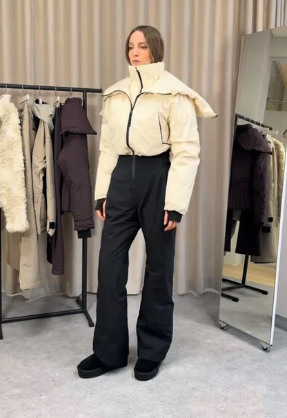 Winter Women's Black Fur Hooded Belted Ski Jumpsuit Slim Fit Waterproof Windproof Skiwear 2026 Lady Warm Sport Snow Bodysuit New