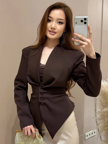 Women's Solid Elegant Ruffle Coats Chic Hollow-out V-neck Full Sleeve Waist-cinching Coat 2026 Spring Lady Highstreet Outwear
