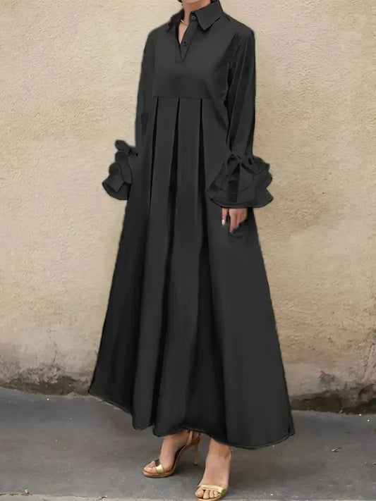 Elegant Women's Autumn Dress Turn Down Collar Solid Flare Sleeve Loose Casual High Street Pleated A-line  Long Dresses 2025