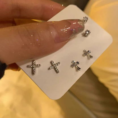 6Pcs/set Silver Color Rhinestone Cross Stud Earrings For Women Fashion Punk Earring Sets Trendy Jewelry Gifts