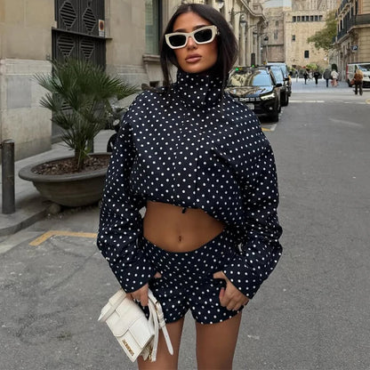 TARUXY Fashion Polka Dot Print Jacket Coat Women's Stand Collar Long Sleeved Workwear Coat Ins Hot Short Casual Female Jackets