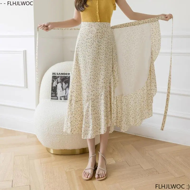 2025 Chic Korea Clothes Summer Women Cute Sweet GIrl Floral Robe Holiday Date High Waist Retro Vintage One-Piece Lace-Up Skirts