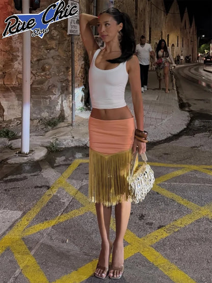 Women's Peach Fringe Bodycon Skirts Women Sexy V-shape Gold Fringe Slim Fit Midi Skirt 2026 Summer Beach Vacation Outfit New