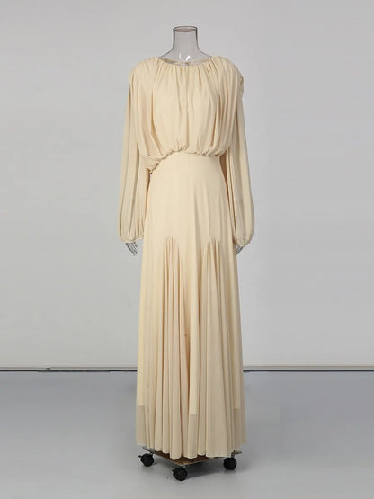 Women's Pleated Long-Sleeve Maxi Dress