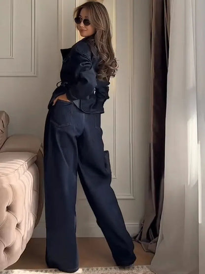 Elegant Belt Denim Jacket Women's Pants Sets Lapel Full Sleeve Pockets Coats Wide Leg Pant 2026 Autumn Lady Commute Suits
