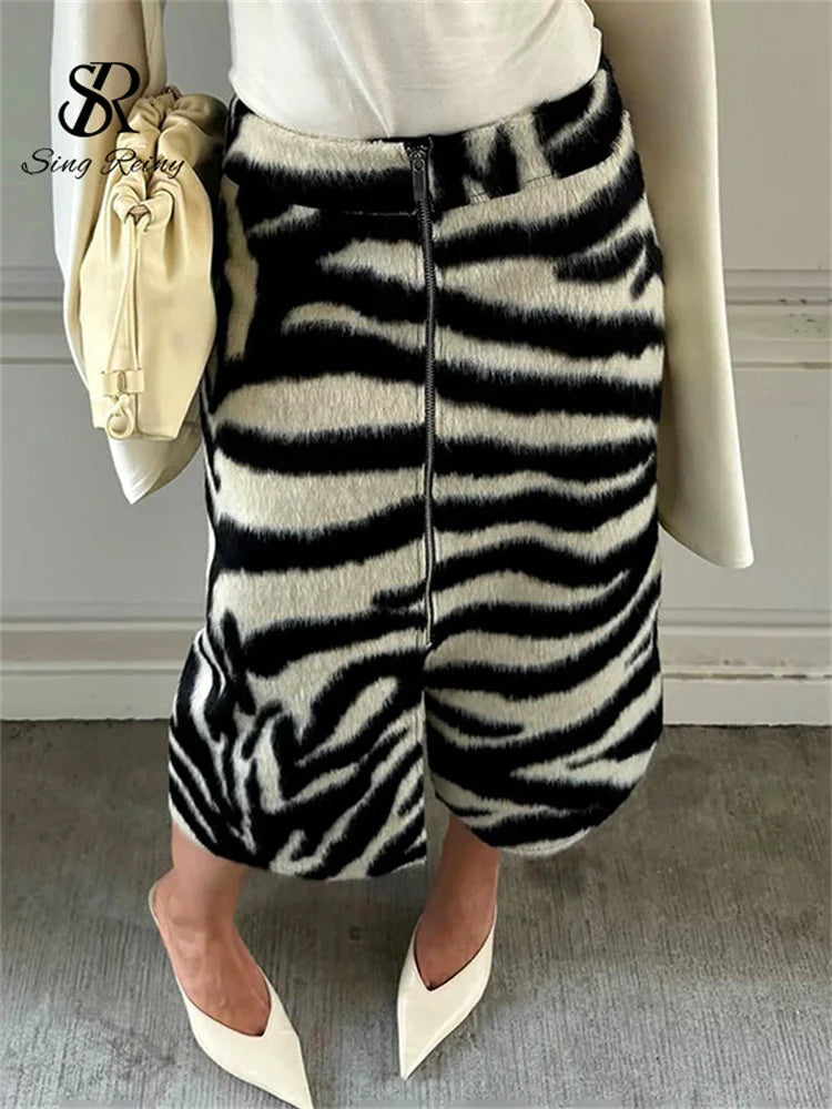 SINGREINY Fluffy Zebra Print Midi Skirt Autumn French Elegant Zipper High Waist Split Slim Female Commute Trendy Street Skirts