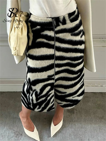 SINGREINY Fluffy Zebra Print Midi Skirt Autumn French Elegant Zipper High Waist Split Slim Female Commute Trendy Street Skirts