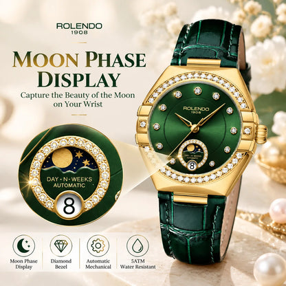 ROLENDO Women's Automatic Mechanical Watches Moon Phase Display Diamond Bezel Green Dial Leather Strap Watch Gift For Women