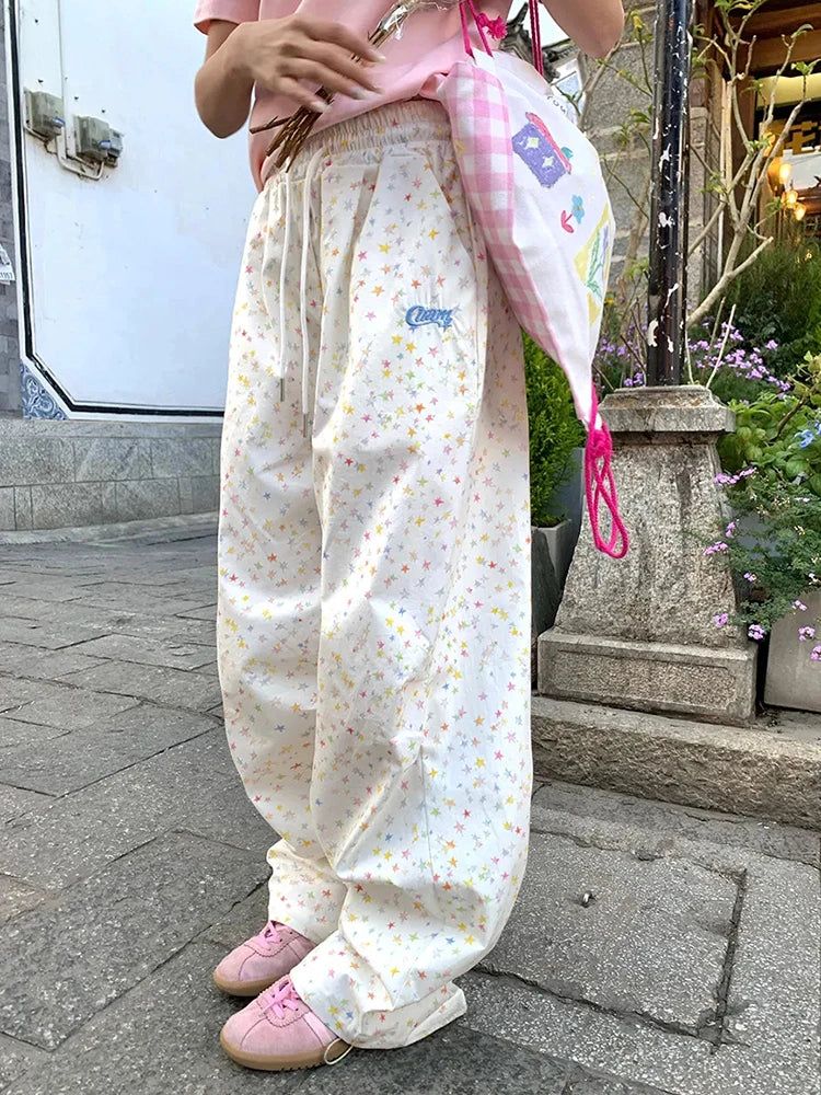 Zoki Stars Print Letter Cargo Pants Women Sweet Fashion High Waist Wide Leg Trousers Casual Loose Preppy Style Female Cute Pants