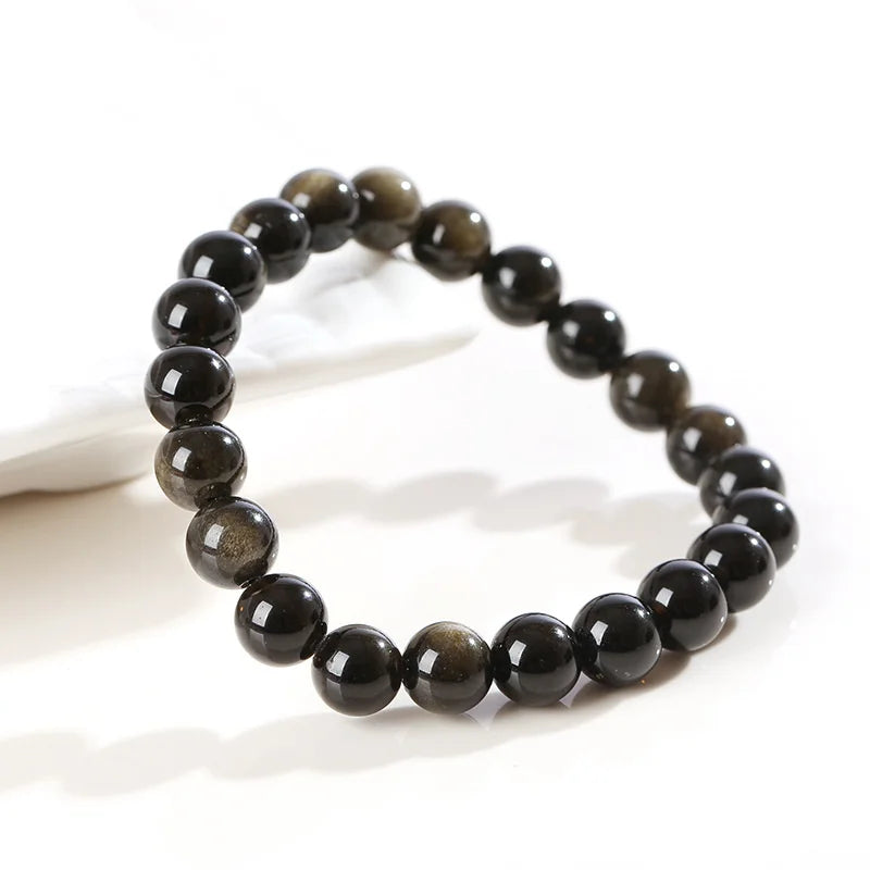 Natural Golden Obsidian Stone Beads Bracelet Men Women Golden Light Rainbow Obsidian Raw Stone Round Bead Natural Energy Jewelry