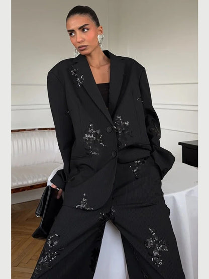 Black Sequin Embroidery Blazer 2 Piece Set Women Full Sleeve Lapel V-neck Loose Wide Leg Pants Suit 2026 Lady Spring Autumn Wear