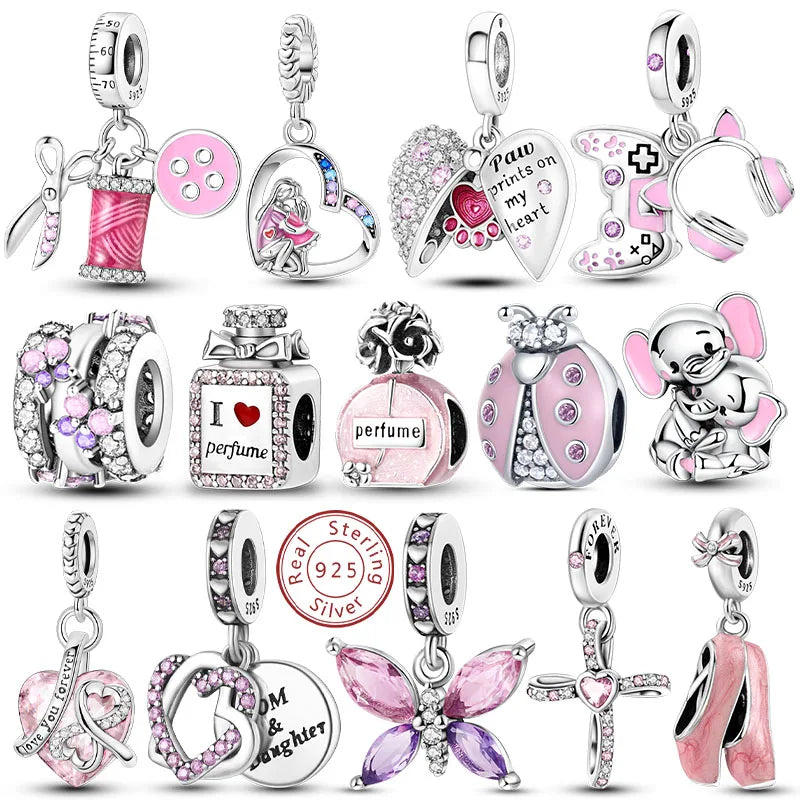 Pink Charms Original 925 Sterling Silver Heart Bow Perfume Bottle Charms Beads Pendants Fit Bracelet DIY Women Jewelry Making